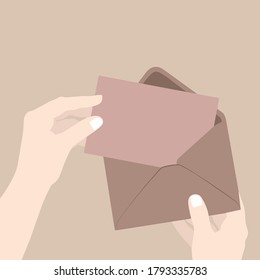 vector illustration of female hands with an envelope with a postcard on a cocoa color background