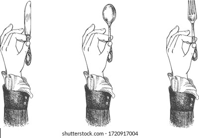 Vector illustration of female hands with a fancy cuff holding butter knife, fork and spoon. Cutlery restaurant etiquette. Vintage hand drawn engraving style.