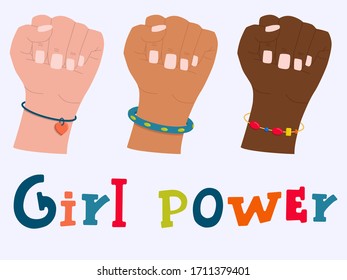 Vector illustration: female hands with fist raised up. Hands of women of different nationalities.