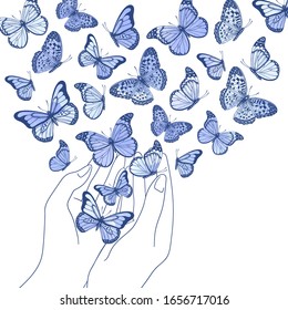 Vector illustration with female hands holding beautiful blue watercolor butterflies on white background