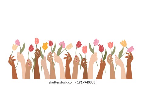 Vector illustration female hands holding flowers isolated on a white background.Elegant floral poster with tulips.Happy international women's day. 