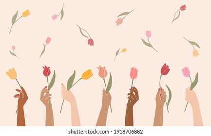 Vector illustration female hands holding flowers isolated on a white background.Elegant floral poster with tulips.Happy international women's day. 