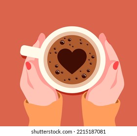 Vector illustration female hands holding cup coffee and foam  Top view table in cafe  Warm time in autumn  Hot coffee and heart 