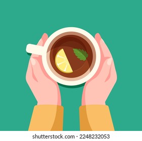 Vector illustration of female hands holding a cup of tea with lemon and mint. Top view of the table in a cafe, restaurant. Warm season in autumn. Hot tea with soul.