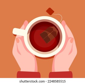 Vector illustration of female hands holding a cup of red tea with a tea bag. Top view of the table in a cafe, restaurant. Warm season in autumn. Hot tea with soul.