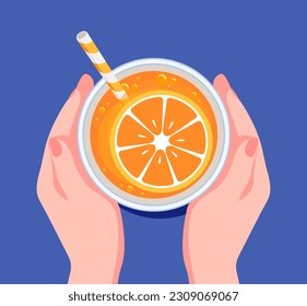 Vector illustration of female hands holding orange soda with orange slice and drinking straw. Top view of a table in a restaurant. Summer refreshing drink. Citrus flavored water. Blue background.