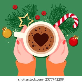 Vector illustration of female hands holding a cup of coffee with Christmas tree, toys and candy cane. Top view of a table in a cafe. Warm time on New Year and Christmas. Hot drink. 10 EPS