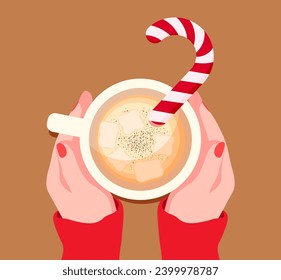 Vector illustration of female hands holding a cup of coffee with a Christmas candy cane. Top view of a table in a cafe. Warm time of New Year and Christmas. Hot cappuccino drink.