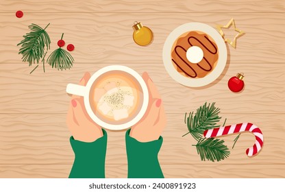 Vector illustration of female hands holding a cup of coffee and caramel donut with Christmas tree, toys and candy cane. Top view of a table in cafe. Warm time on New Year and Christmas. Hot ldrink