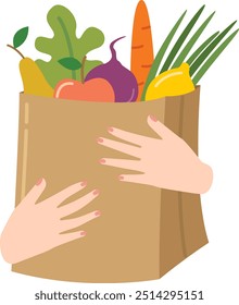 Vector illustration of female hands holding a brown paper bag with organic food. Eco friendly package concept in flat style