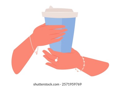 Vector illustration of female hands holding takeaway coffee. Hand-painted with cute details, decorations and elegant hands with coffee, cocoa, or tea. Clip art element isolated on white background