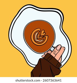 Vector illustration of female hands holding a cup of coffee. Top view of a table in a cafe or home. 