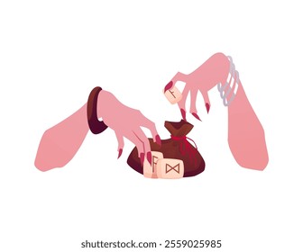 Vector illustration of female hands with nails, bracelets with magical runes. Fortune telling and prediction theme. Symbols of witchcraft and mysticism. Flat style. Isolated background.