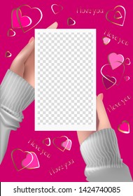 
Vector illustration of female hands with a sheet of paper. Photo frame with pink and gold hearts. Romantic postcard.