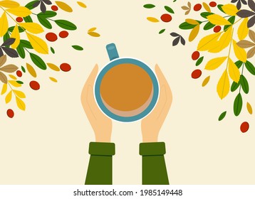 Vector illustration of female hands in a sweater holding a cup of coffee. There is a lot of autumn foliage nearby. Top view