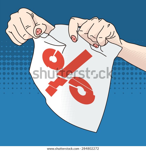 Vector illustration of female hands tearing\
paper with percents