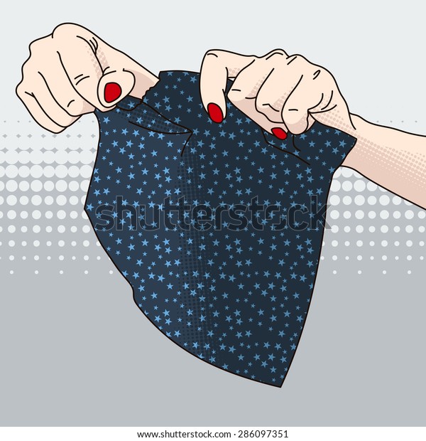 Vector illustration of female hands tearing paper\
with stars