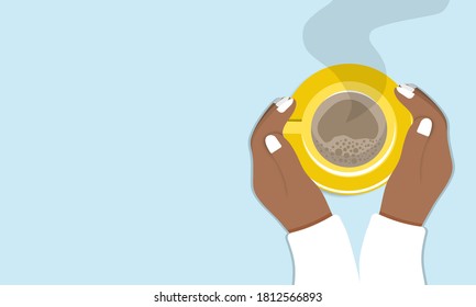 Vector illustration of female hands wear on sweater holding cup of coffee.