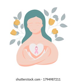 Vector illustration of female hug herself with heart and pink ribbon. Breast cancer awareness.