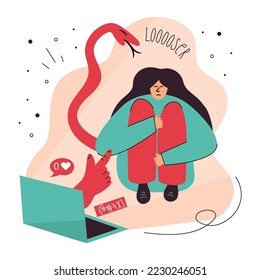 Vector illustration with female, laptop messenger, chatting. She has got dislike, hurtful words from a phone. Lettering LOSER. STOP cyberbullying, network abuse, internet problem and discrimination. 