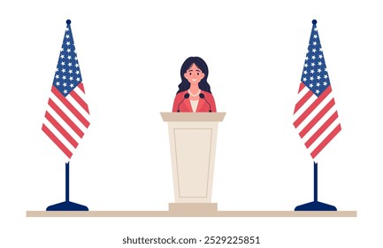 Vector illustration of female leader on podium with flags representing political leadership concept.