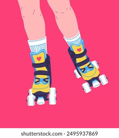 Vector illustration of female legs on yellow roller skates on a bright pink background. The composition reflects the concept of a roller disco from the 70s or 80s in a flat style.