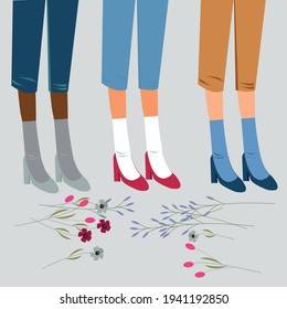 Vector illustration of female legs with one model but different colors of shoes on three different ethnic women. Vector illustration. 