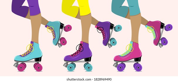 Vector illustration with female legs in retro roller skates on pink  background.