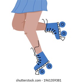 Vector illustration of female legs of roller skaters. Funny legs of a cute girl, laces are untied, isolated on a white background. doodle cartoon style.