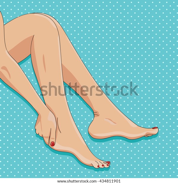 ベクターイラスト 女性の脚 裸足で座る 側面 遊び心 きちんとしたペディキュア マニキュア 赤いマニキュア フットケア ワックス脱毛 スパのコンセプト 点線の背景にポップアート のベクター画像素材 ロイヤリティフリー