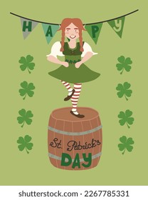 Vector illustration of a female leprechaun dancing on a barrel. Saint Patrick Day card. Green background. Hand drawn lettering