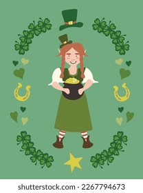 Vector illustration with a female leprechaun holding a  pot of gold on green background. St Patrick's day design