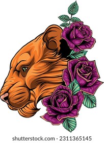 vector illustration female lion head and roses