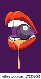 vector illustration of female lips biting a billiard ball number eight on black background