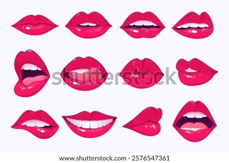 Vector illustration of female lips with bright lipstick in different expressions - showing tongue, smiling, kissing, surprised, etc. Seductive and sexy lips. Dazzling smile.