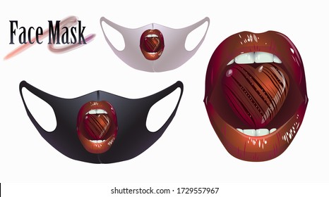 Vector illustration of female lips with a chocolate heart on a facial mask.