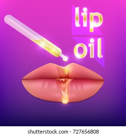 Vector illustration, female lips close-up. Lip oil application.