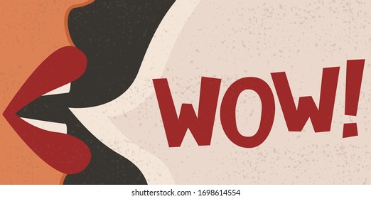 Vector illustration of female lips and a cloud with the text: wow! Retro banner with a picture of a female mouth on a dark background.
