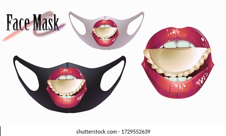 Vector Illustration weiblicher Lippen mit einem Knöpfchen auf einer Gesichtsmaske.