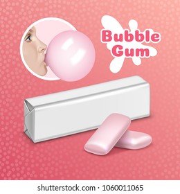 Vector illustration of female lips holding pink bubble and packing of chewing gum on textured background with space for text. Advertising concept