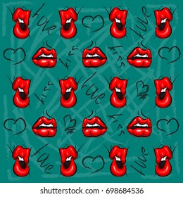 Vector illustration of female lips isolated on color background. Mouth with a kiss, smile, teeth and kiss, love lettering on background. Pattern in pop art retro style.