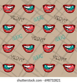 Vector illustration of female lips isolated on beige background. Mouth with a smile, tongue, teeth and tasty, lips lettering on background. Pattern in pop art retro style.
