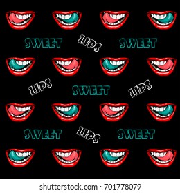 Vector illustration of female lips isolated on black background. Mouth with a smile, tongue, teeth and sweet, lips lettering on background. Pattern in pop art retro style.