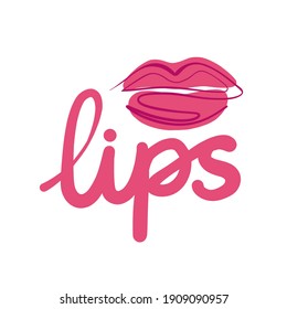 Vektorgrafik weiblicher Lippen mit Text. Elegantes Logo mit dem Bild von Crimson Lips. Einzeln auf weißem Hintergrund