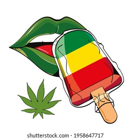 ilustración vectorial de labios hembra probando palos de helado con los colores verde, amarillo y rojo. Diseño para camisetas y stickers de la cultura del cannabis.