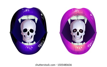 
Vector illustration of female lips of a vampire. Image of a human skull.