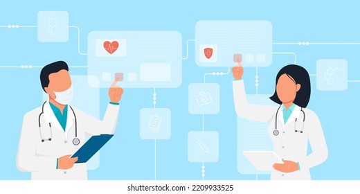 Vector Illustration Of Female And Male Doctors Interacting With Virtual Health Insurance Card Online And Pointing To A Digital Medical Form