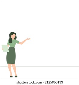 Ilustración vectorial de una mujer gerente presenta logros empresariales, fondo blanco, diseño de objetos con estilo plano para la presentación