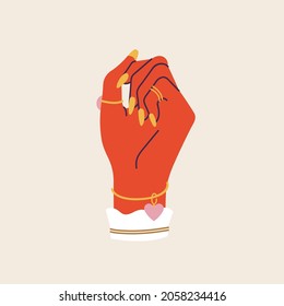 Vector illustration female manicured hands with different modern jewelry and accessories. Fashion and beauty concept.