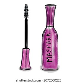 Vector illustration of female mascara and volumetric eyelash brush, color illustration